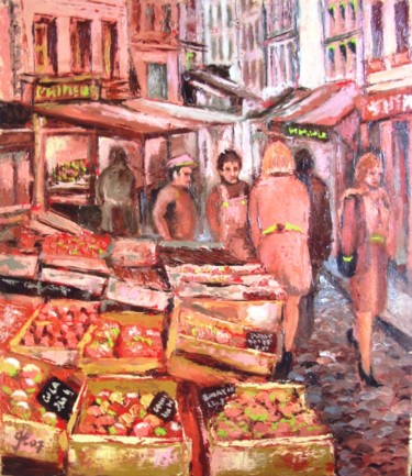 Malerei mit dem Titel "Paris-rue Mouffetard" von Marc Parmentier, Original-Kunstwerk, Öl