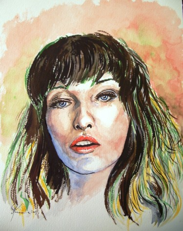 Painting titled "Milla JOVOVITCH" by Marc Parmentier, Original Artwork, Watercolor