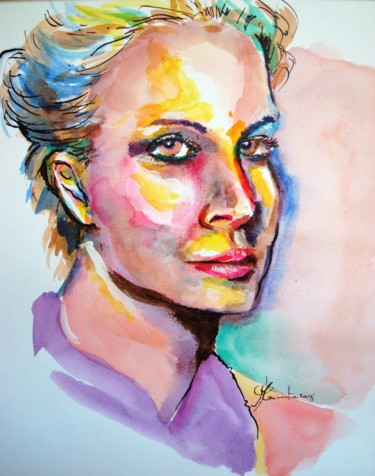 Pittura intitolato "Nathalie PORTMAN" da Marc Parmentier, Opera d'arte originale, Acquarello