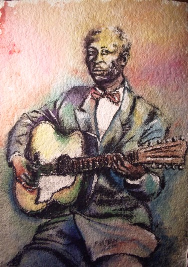 Schilderij getiteld "Leadbelly" door Marc Parmentier, Origineel Kunstwerk, Aquarel