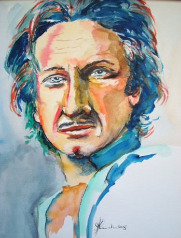 Painting titled "Sean PENN" by Marc Parmentier, Original Artwork, Watercolor