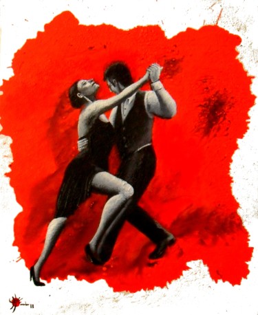 Painting titled "Tango vermillon" by Marc Parmentier, Original Artwork, Oil Mounted on Wood Stretcher frame