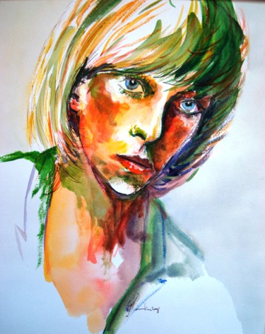 Peinture intitulée "Sylvie TESTUD" par Marc Parmentier, Œuvre d'art originale, Aquarelle