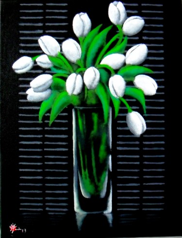 Painting titled "Tulipes blanches" by Marc Parmentier, Original Artwork, Acrylic Mounted on Wood Stretcher frame