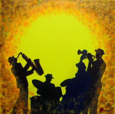 Painting titled "Jazz en feu II" by Marc Parmentier, Original Artwork, Acrylic Mounted on Wood Stretcher frame