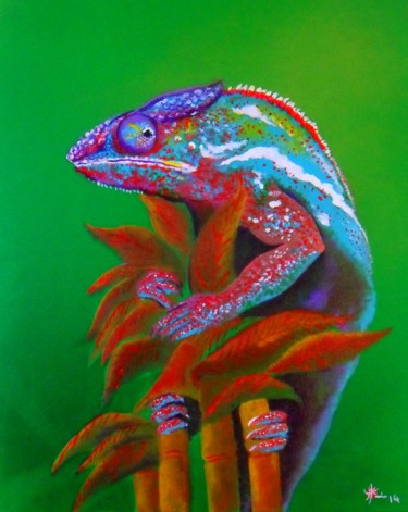Painting titled "Caméléon" by Marc Parmentier, Original Artwork, Acrylic Mounted on Wood Stretcher frame