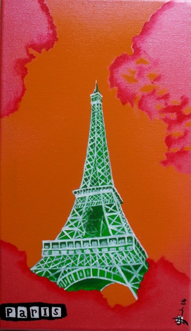 Painting titled "Pop Eiffel" by Marc Parmentier, Original Artwork, Acrylic Mounted on Wood Stretcher frame