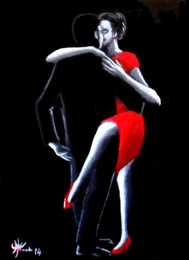 Painting titled "Tango noir II" by Marc Parmentier, Original Artwork, Oil Mounted on Wood Stretcher frame