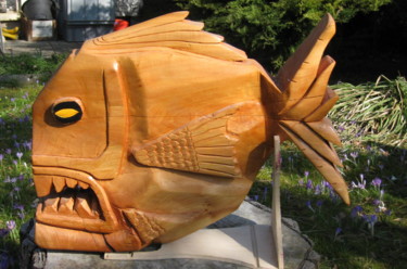 Escultura intitulada "Piranha" por Marc Poget, Obras de arte originais, Madeira