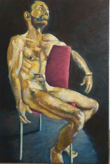 Schilderij getiteld "Homme nu assis" door Marc Sellam, Origineel Kunstwerk, Olie Gemonteerd op Frame voor houten brancard
