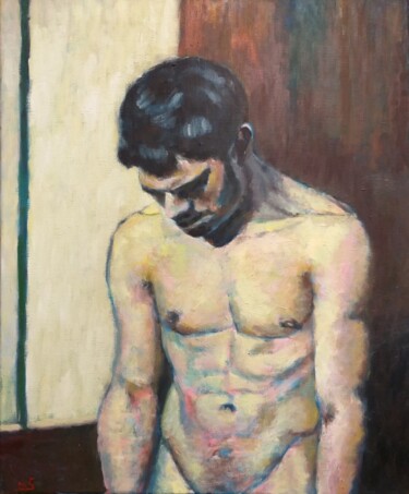 Painting titled "homme tête baissée" by Marc Sellam, Original Artwork, Oil Mounted on Wood Stretcher frame