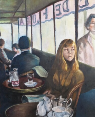 Painting titled "Café à Paris" by Marc Sellam, Original Artwork, Oil Mounted on Wood Stretcher frame