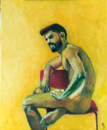 Pintura intitulada "Homme sur fond jaun…" por Marc Sellam, Obras de arte originais, Óleo