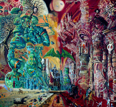 Malerei mit dem Titel "Bitwa ontarion prawa" von Marek Izydorczyk, Original-Kunstwerk, Öl