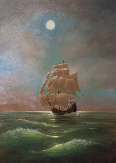 Schilderij getiteld "okręt w świetle ksi…" door Marek Klaryska, Origineel Kunstwerk, Olie