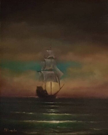 Pintura titulada "bajkowy okręt w świ…" por Marek Klaryska, Obra de arte original, Oleo Montado en Bastidor de camilla de ma…