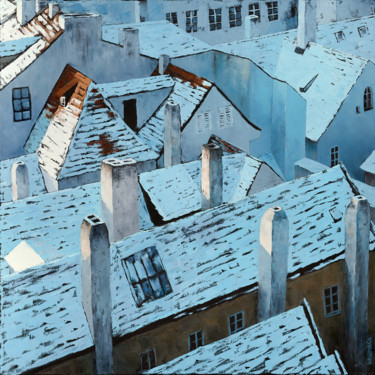 Painting titled "Winter roofs" by Marek Krumpar, Original Artwork, Oil