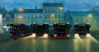 Malarstwo zatytułowany „Prague buses” autorstwa Marek Krumpar, Oryginalna praca, Olej Zamontowany na Drewniana rama noszy