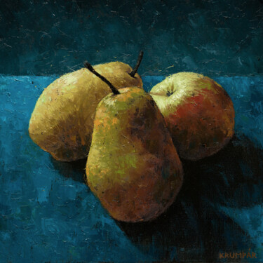 Painting titled "Pears with apple" by Marek Krumpar, Original Artwork, Oil Mounted on Wood Stretcher frame