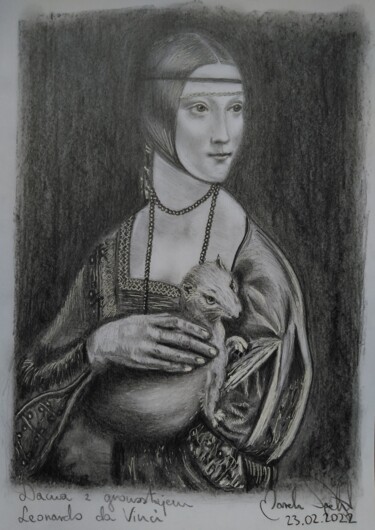 Drawing titled ""Dama z gronostajem"" by Marek Spetel, Original Artwork, Pencil Mounted on Plexiglass