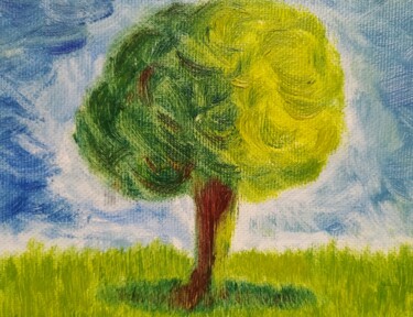 Schilderij getiteld "Samotne Drzewo" door Marek Spetel, Origineel Kunstwerk, Olie Gemonteerd op Houten paneel