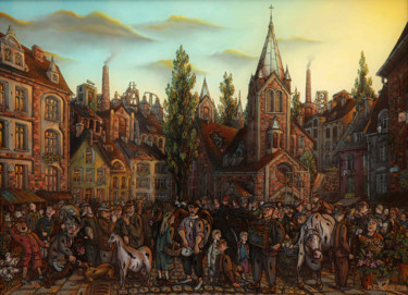 Painting titled "Fair on the Kościel…" by Idziaszek, Original Artwork, Oil