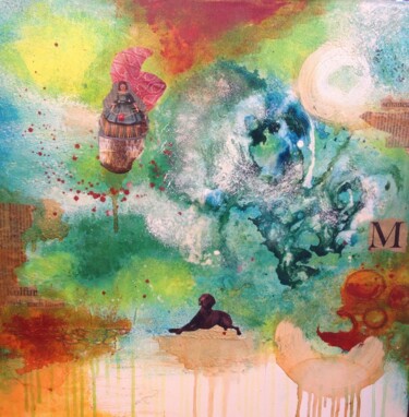Malerei mit dem Titel "Dog on the cloud" von Maren Ramsauer, Original-Kunstwerk, Collagen
