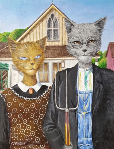 Pintura titulada "American Gothic Cats" por Maretta Elsalieva, Obra de arte original, Acrílico