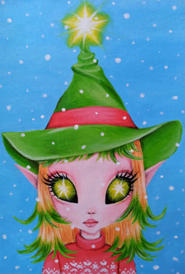 Digital Arts titled "Christmas Elf" by Maretta Elsalieva, Original Artwork, Digital Painting