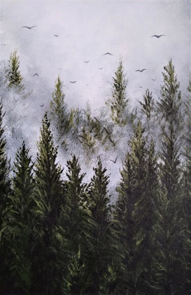 Pittura intitolato "Fir trees in the fog" da Maretta Elsalieva, Opera d'arte originale, Acrilico