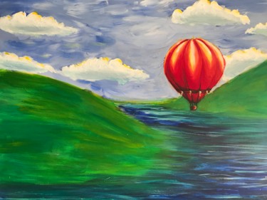 Painting titled "Red Balloon" by Martha Preuett, Original Artwork, Acrylic Mounted on Wood Stretcher frame