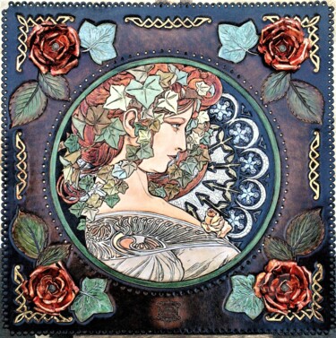 Cuir repoussé doré-le Lierre de Mucha-art nouveau Peinture intitulée "Cuir repoussé doré-…" par Margaery, Œuvre d'art originale, Acrylique