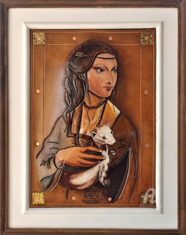 Painting titled "Dame à l'hermine fa…" by Margaery, Original Artwork, Leather Mounted on Wood Panel