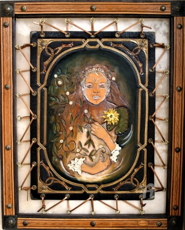 Painting titled "Ophélie sur cuir- 2…" by Margaery, Original Artwork, Pigments Mounted on Wood Panel