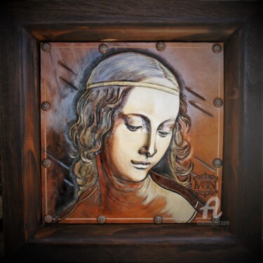 Peinture intitulée "Portrait sur cuir-…" par Margaery, Œuvre d'art originale, Acrylique Monté sur Panneau de bois