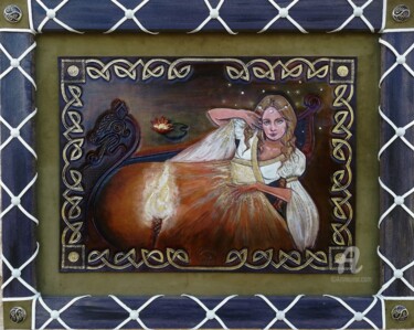 Painting titled "Lady of shalott" by Margaery, Original Artwork, Acrylic Mounted on Other rigid panel