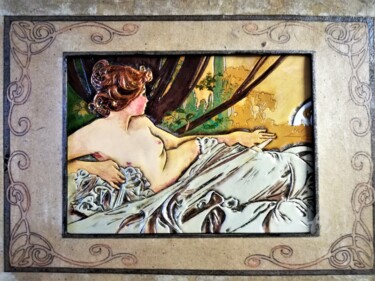 Malerei mit dem Titel "Tableau en cuir rep…" von Margaery, Original-Kunstwerk, Leder