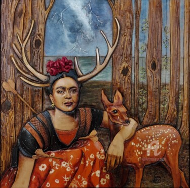 Painting titled "Frida "Carma"" by Margaery, Original Artwork, Leather Mounted on Wood Panel