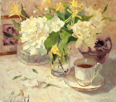 Painting titled "Peonies and Tea" by Margaret Aycock, Original Artwork, Oil