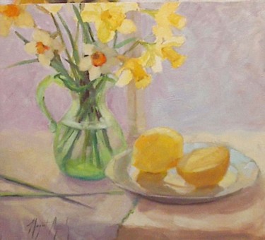 Painting titled "Dafodils on a Sunny…" by Margaret Aycock, Original Artwork, Oil