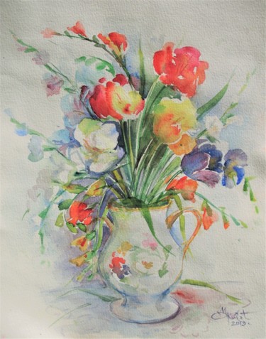 Painting titled "Flowers in a vase" by Margarita Okołot, Original Artwork, Watercolor