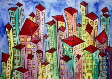 Desenho intitulada "Happy City" por Margarita Bonke, Obras de arte originais, Aquarela