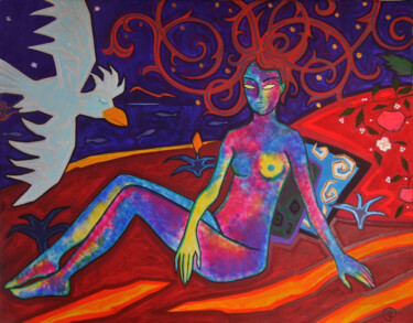 Картина под названием "White parrot" - Margarita Felis, Подлинное произведение искусства, Акрил
