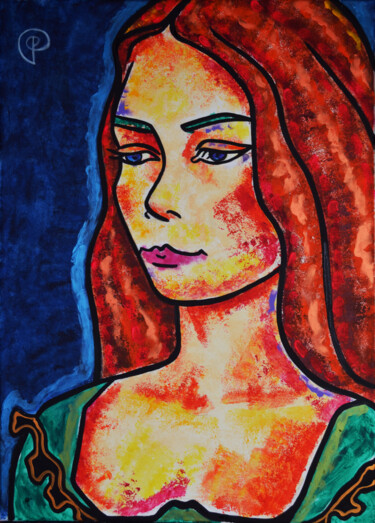 Painting titled "Woman in green on b…" by Margarita Felis, Original Artwork, Acrylic