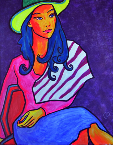 Картина под названием "Woman in a hat on v…" - Margarita Felis, Подлинное произведение искусства, Акрил