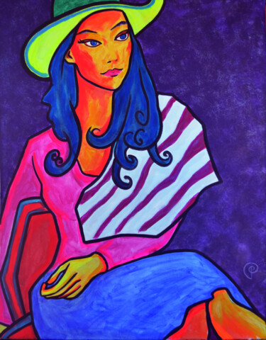 Woman in a hat on violet Pittura intitolato "Woman in a hat on v…" da Margarita Felis, Opera d'arte originale, Acrilico