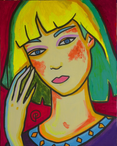 Malarstwo zatytułowany „Blond woman on red” autorstwa Margarita Felis, Oryginalna praca, Akryl