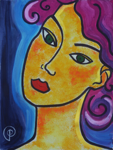 Картина под названием "Face on blue" - Margarita Felis, Подлинное произведение искусства, Акрил