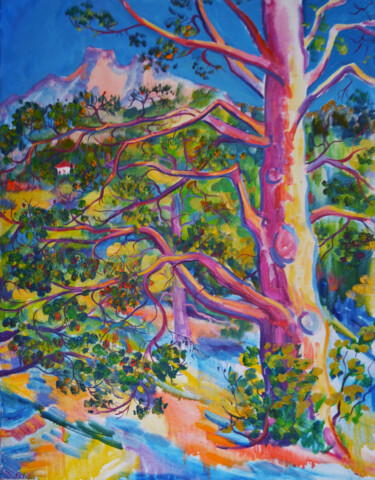 Peinture intitulée "Pine and a house" par Margarita Felis, Œuvre d'art originale, Huile