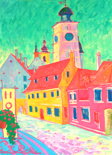 Schilderij getiteld "Clock tower in Sibiu" door Margarita Felis, Origineel Kunstwerk, Acryl